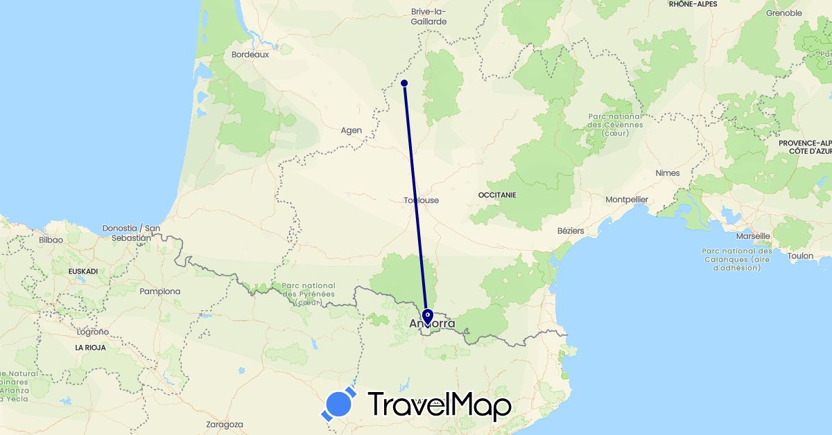 TravelMap itinerary: driving in Andorra, France (Europe)